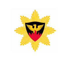 Pelastuslaitoksen tunnus: keltainen tähtimäinen muoto, jonka keskellä on musta kolmio ja liekehtivä lintu.