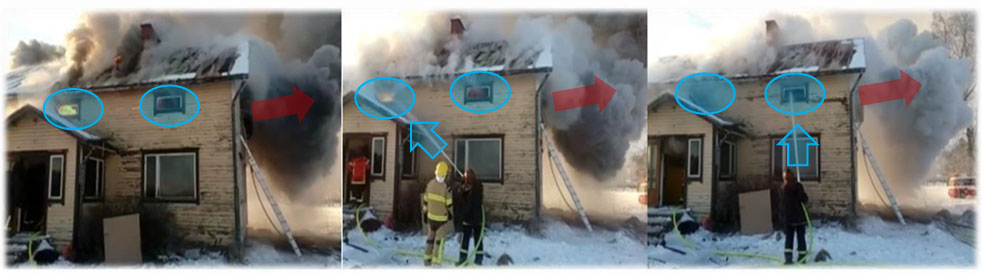 Kolmiosainen kuva palavan rakennuksen ulkopuolelta, jossa ympyrät ja nuolet osoittavat tuotteen turvallisen sijoituspaikan.